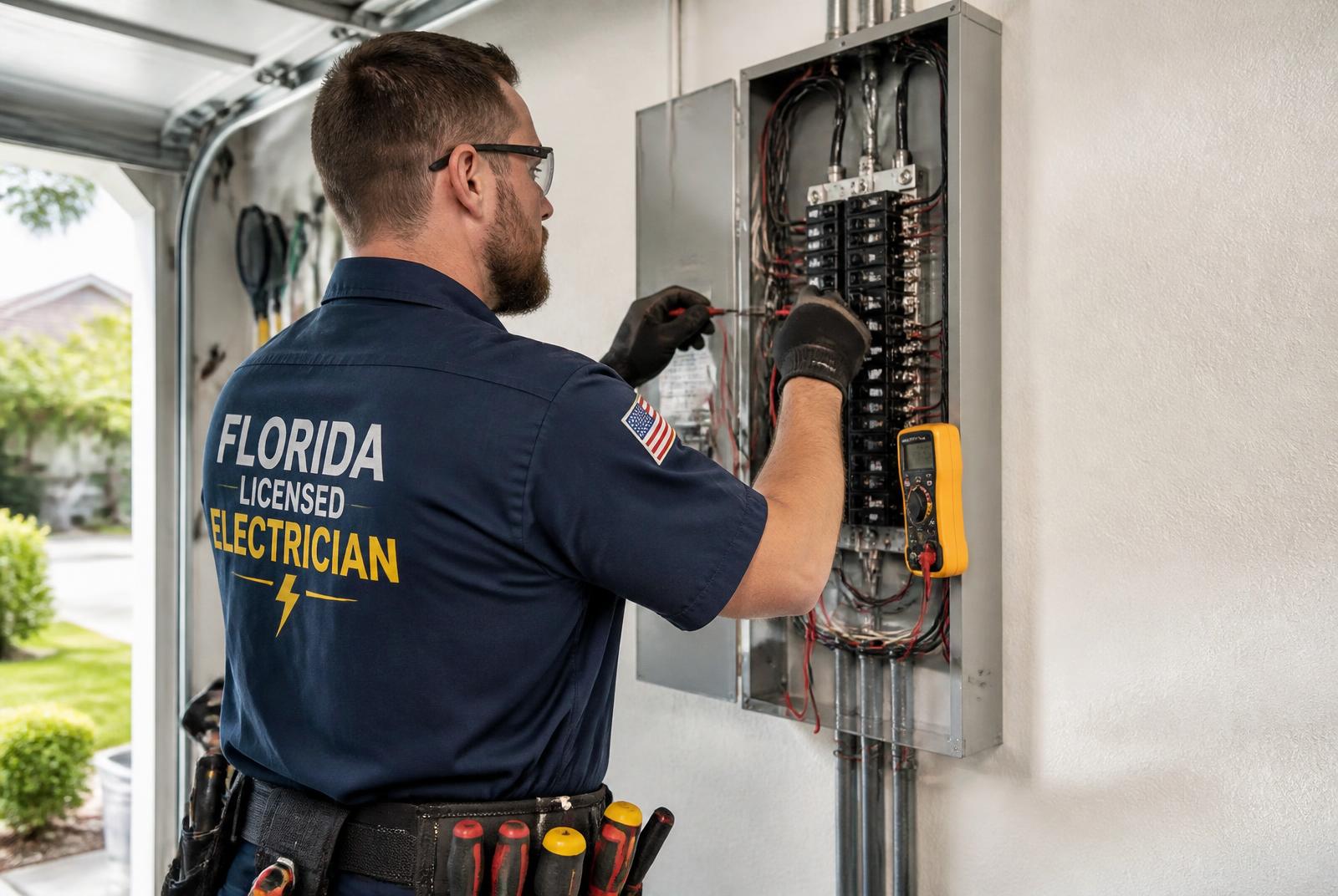 Licensed Florida electrician upgrading a residential electrical panel