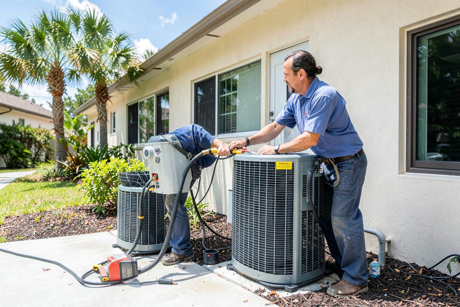 HVAC technicians servicing residential air-conditioning equipment at a Florida home