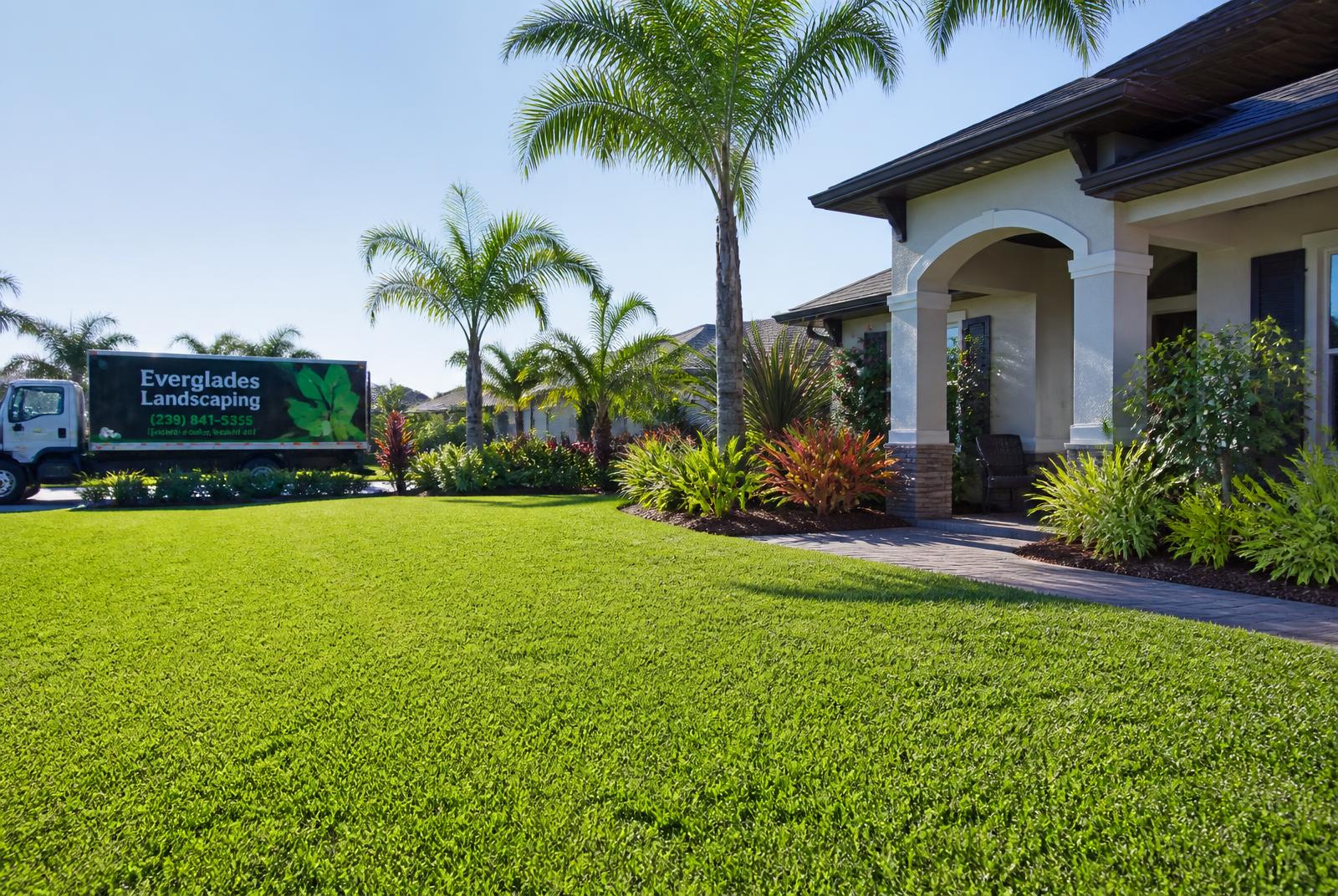 Freshly maintained Florida front lawn with palms and tropical plantings