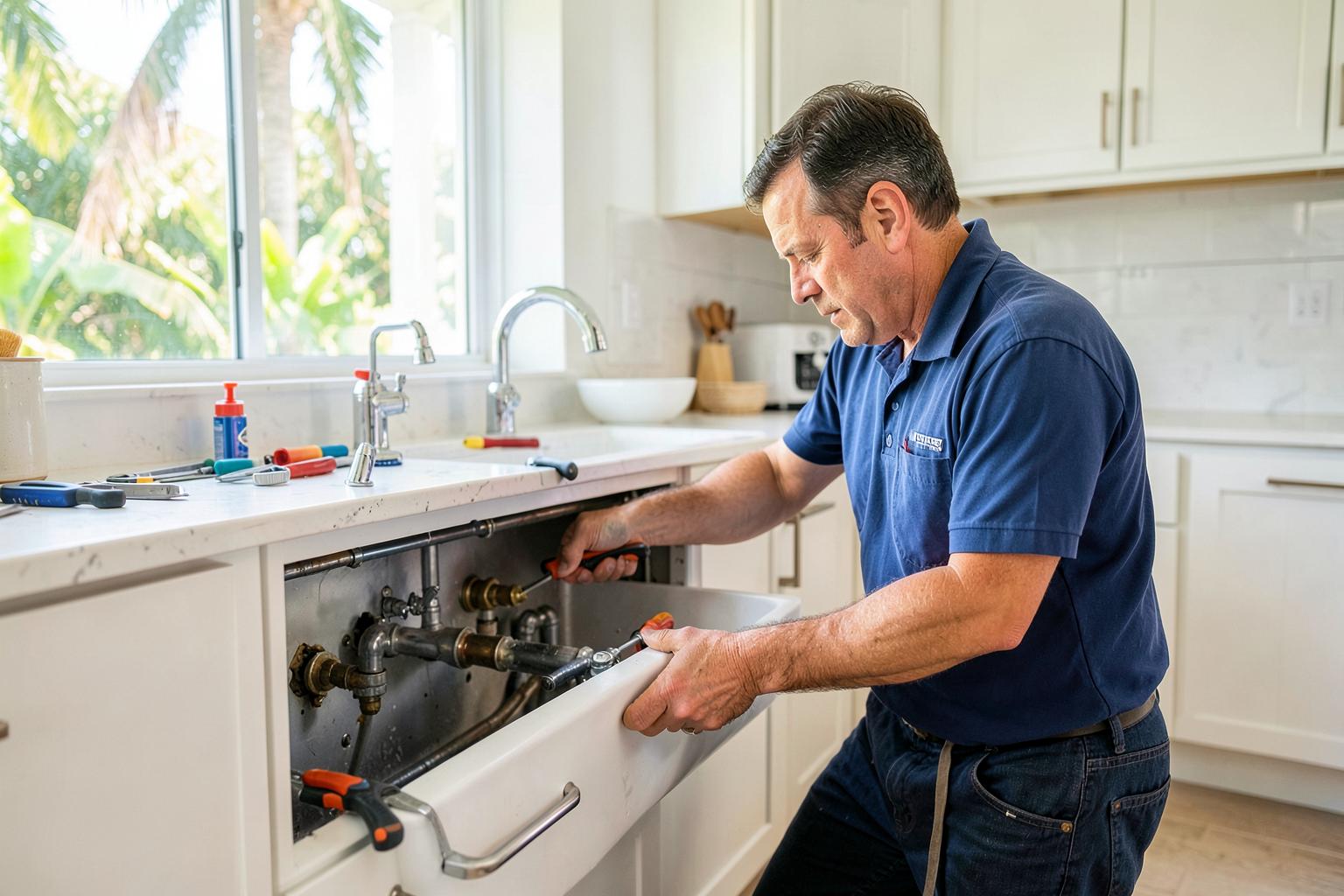 Licensed plumber repairing kitchen plumbing inside a Florida home