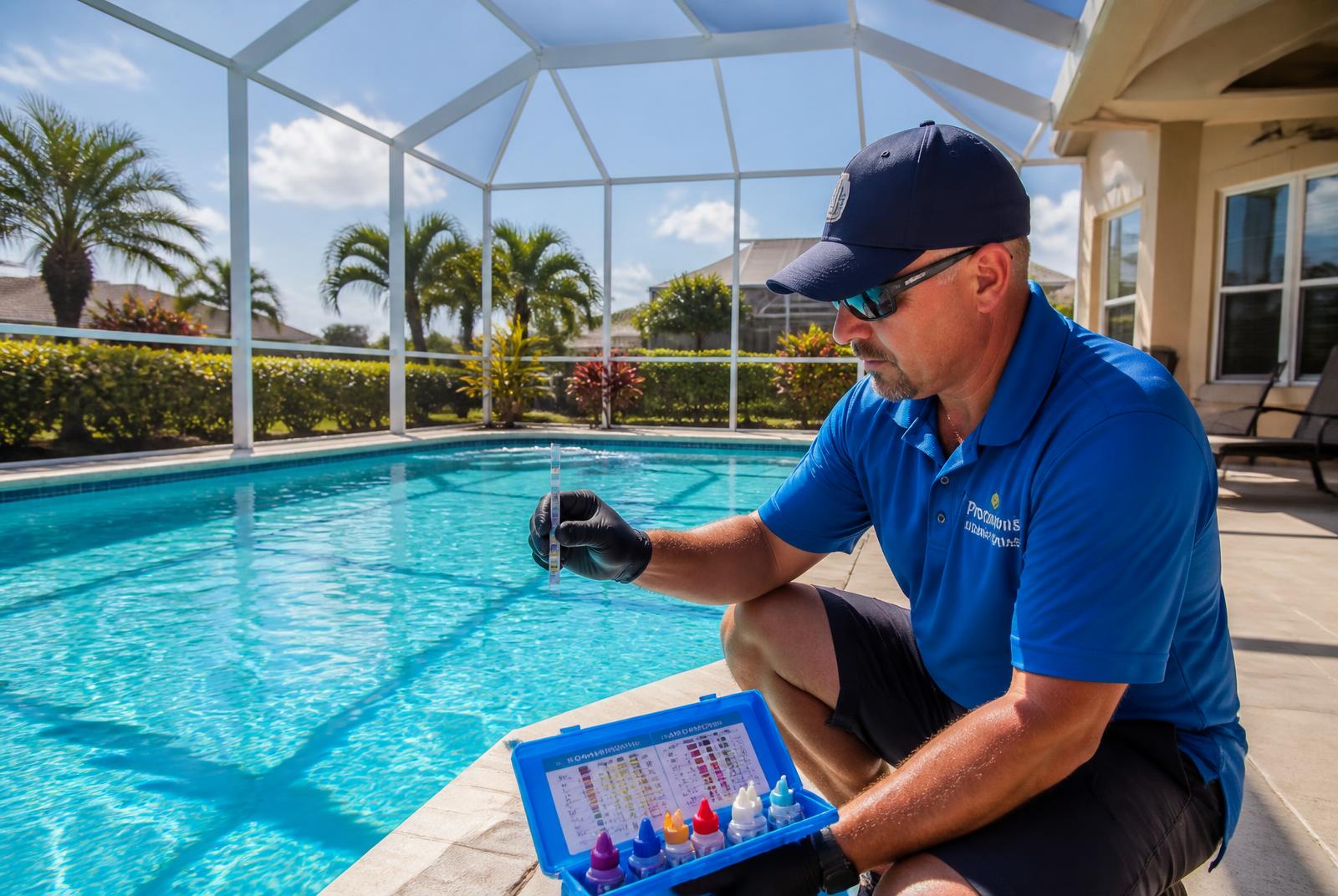 Pool technician testing water chemistry at a clean screened-in Florida residential swimming pool