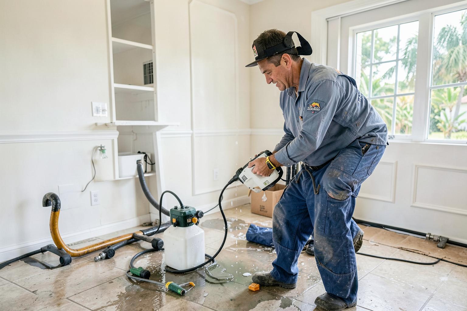 Property restoration technician addressing water damage inside a Florida home