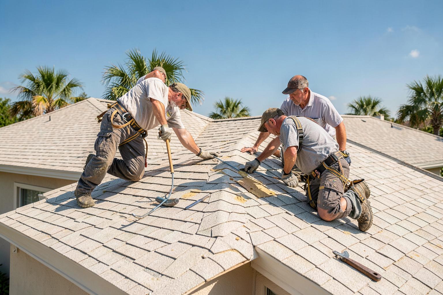 Professional roofers repairing a shingle roof on a Florida home